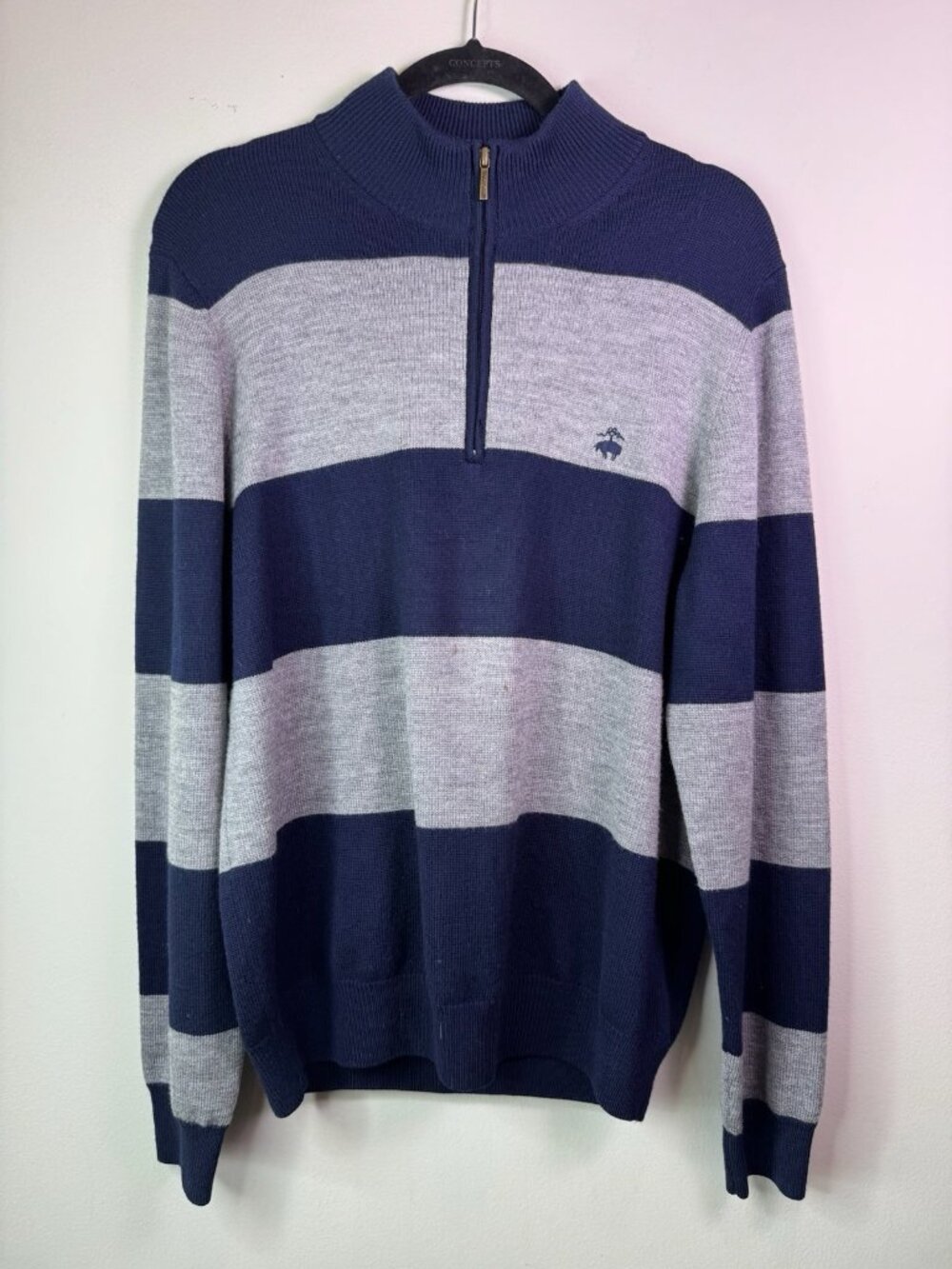 Brooks Brothers 346 Navy Grey Stripe Merino Wool 1/4 Zip Sweater Size Medium